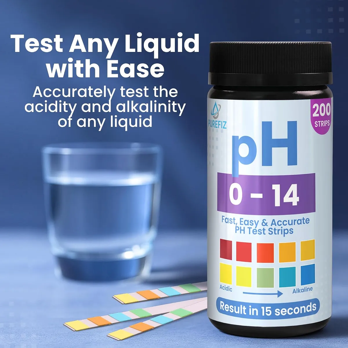 Purefiz pH 0–14 200-strip bottle beside a glass of water with three used test strips laid on a blue table