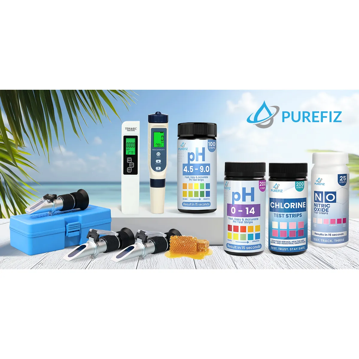 Purefiz product family on a beach backdrop: refractometers with a carry case, TDS meter, salinity pen and strip bottles