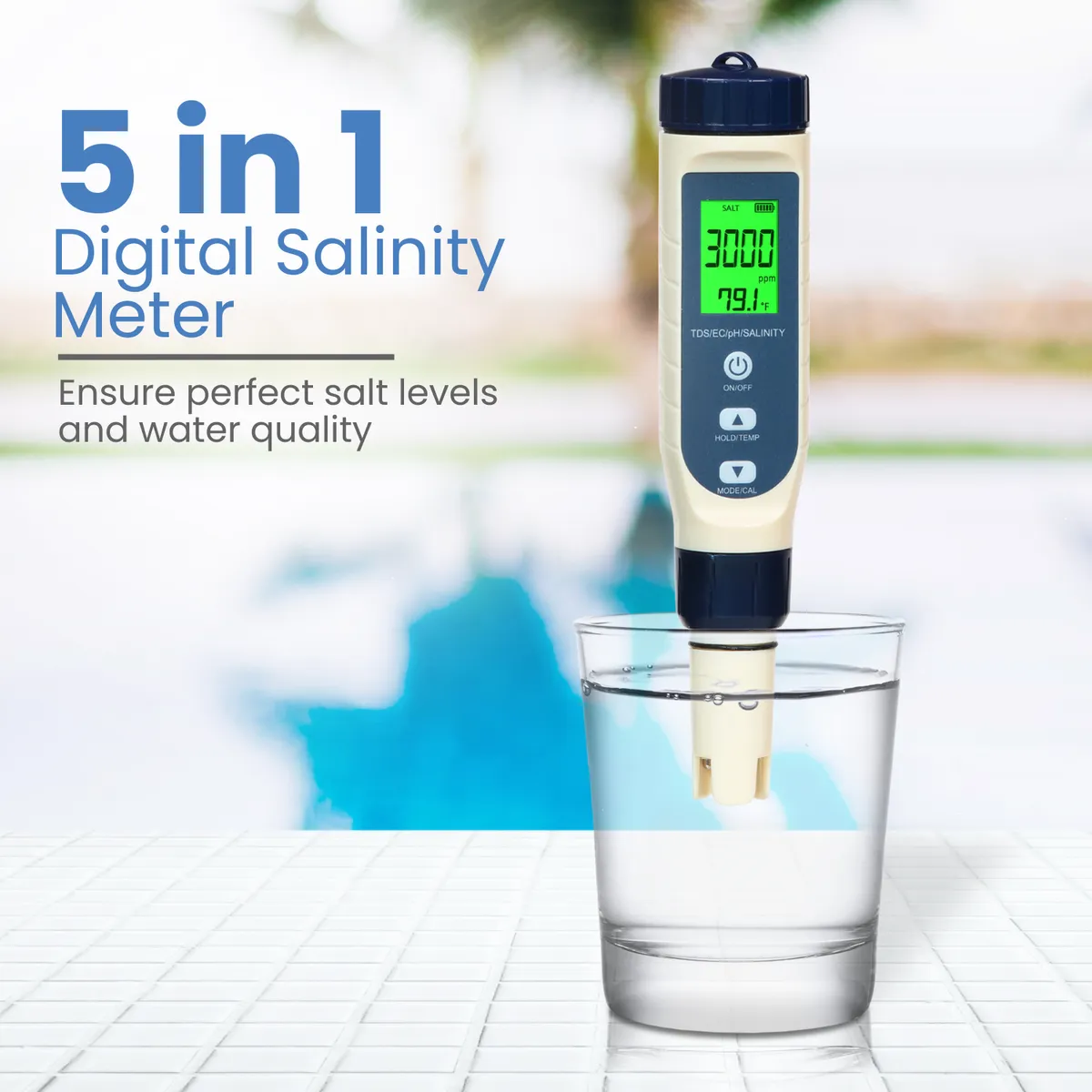 Digital salinity pen meter showing 3000 ppm while dipped in a glass of water beside a swimming pool