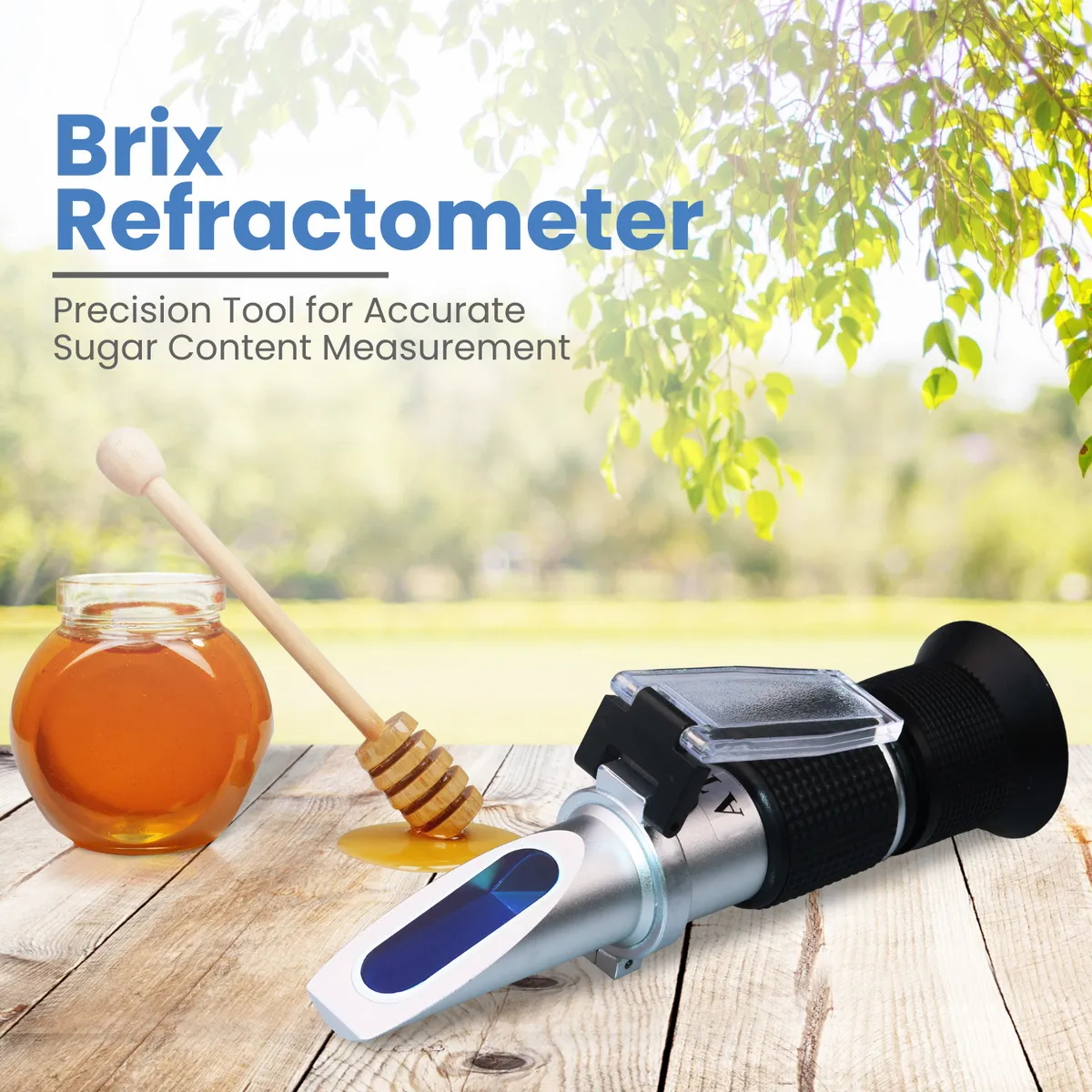 Brix refractometer lying on an outdoor wooden table next to a jar of honey with a wooden dipper