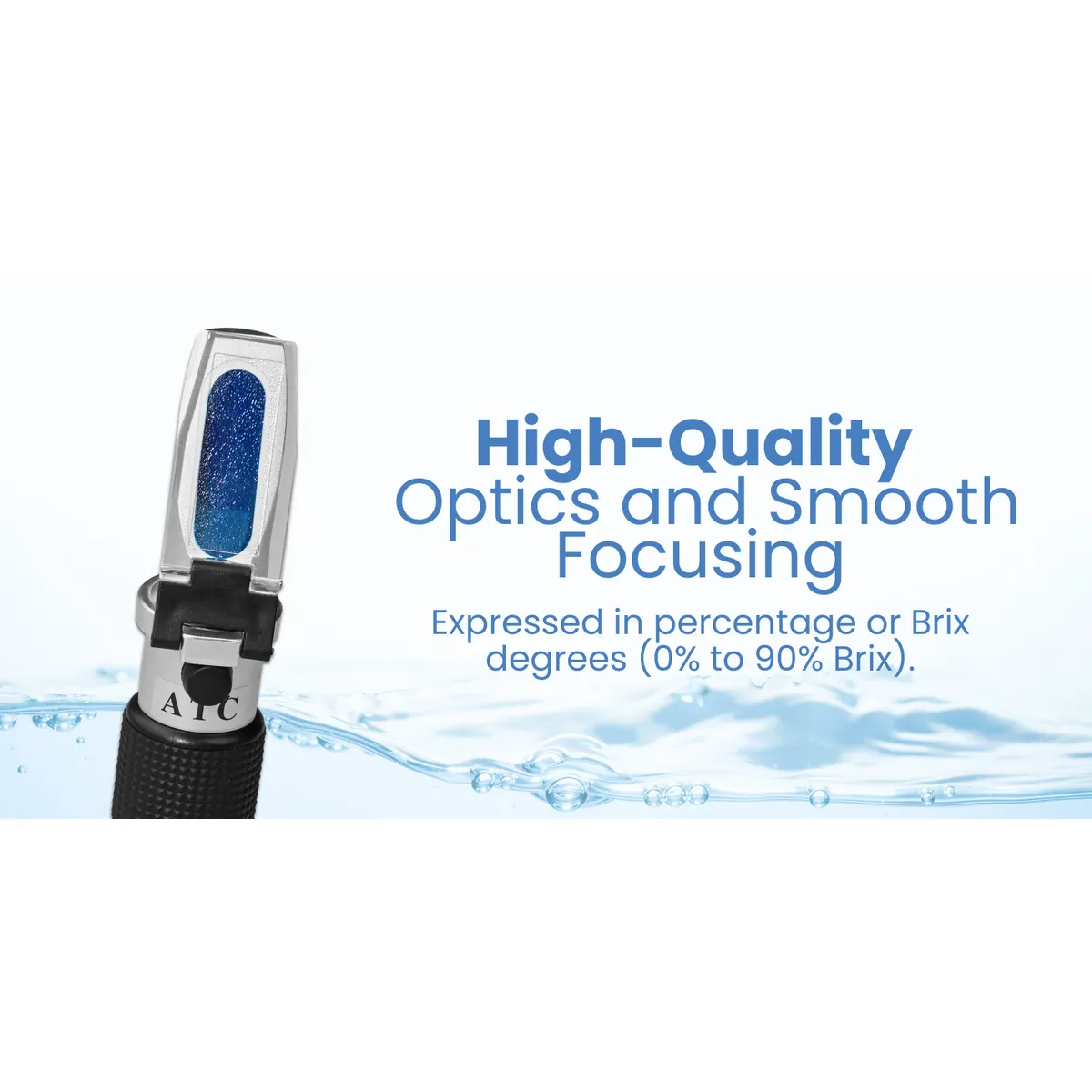 Close-up of a refractometer prism plate and blue lens over rippling water