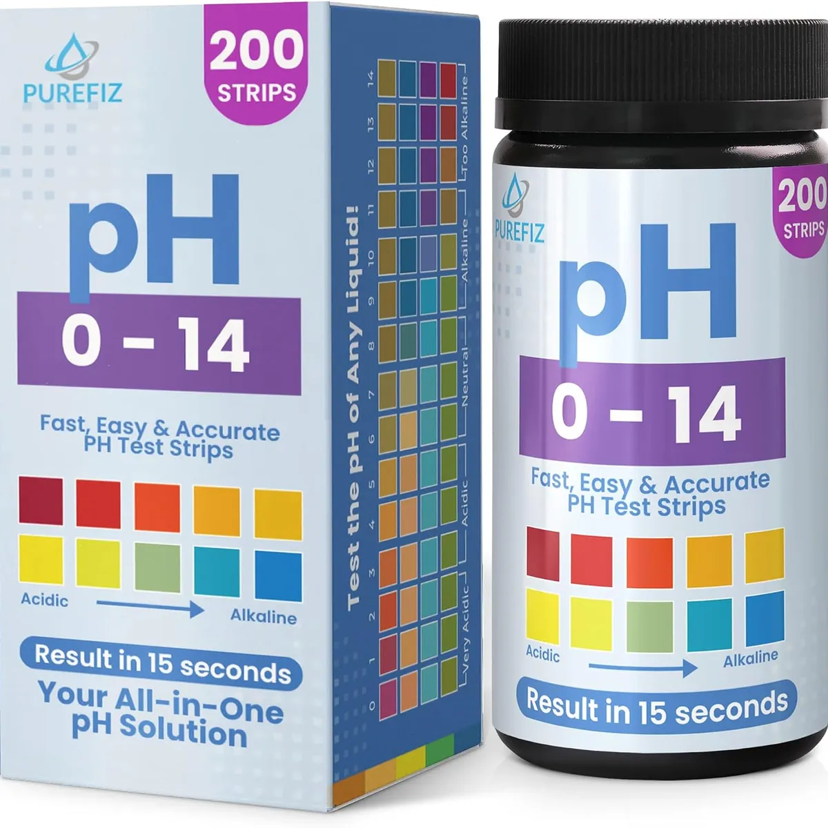 Purefiz pH 0–14 test strips retail box beside the black 200-strip bottle, both labelled with the colour chart