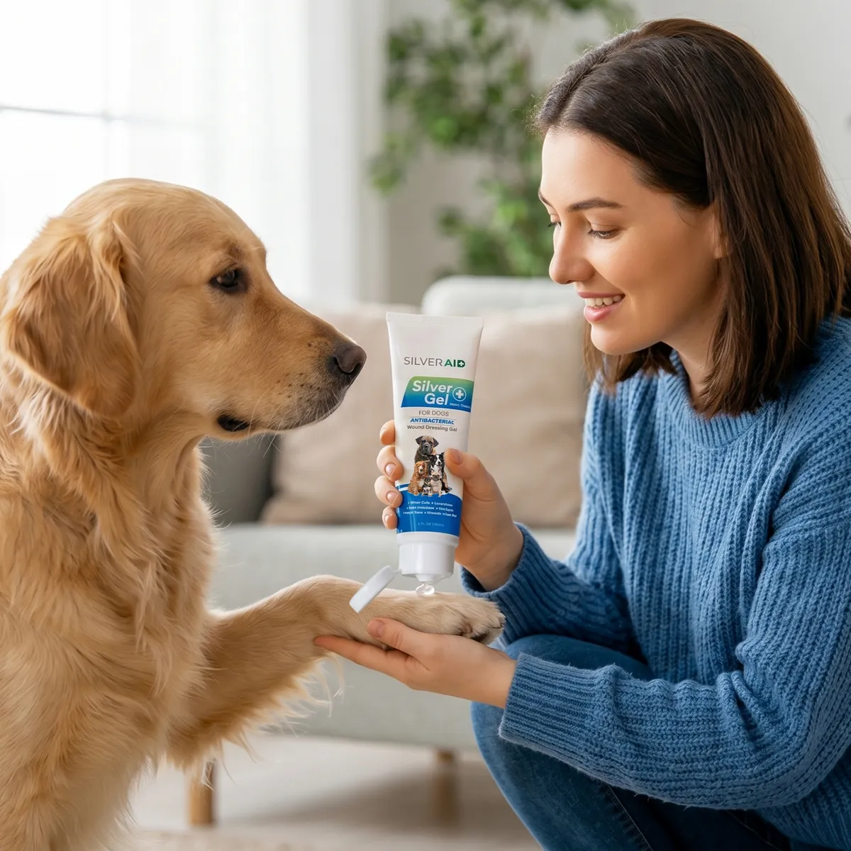 Golden retriever offering its paw to a smiling woman who holds an open SilverAid Silver Gel tube in a bright living room