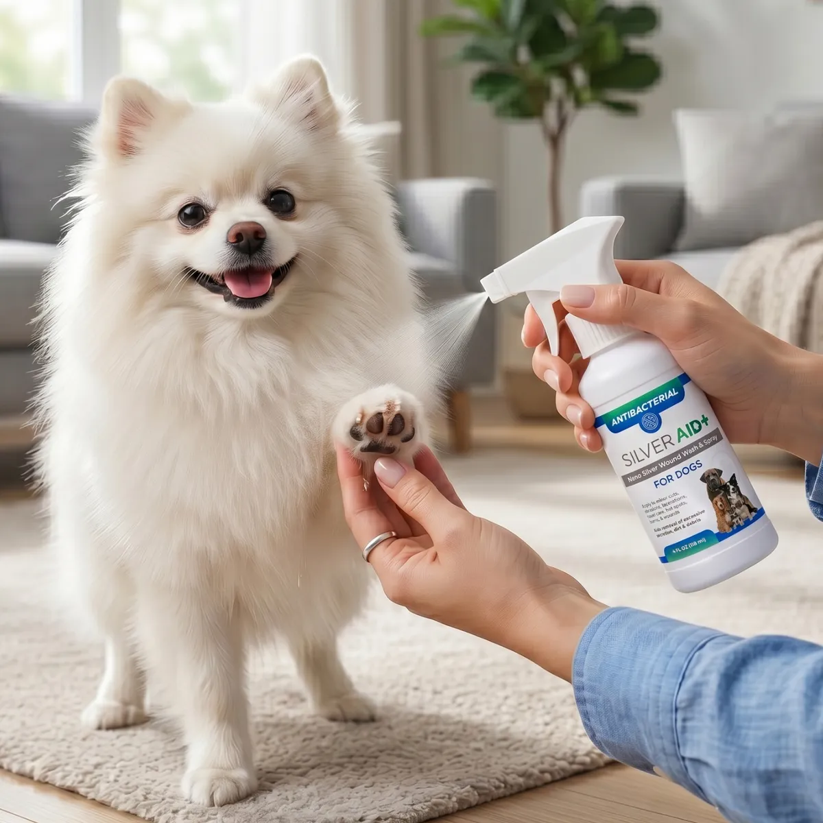 Fluffy white Pomeranian raising its paw while a hand sprays SilverAid Nano Silver Wound Wash from a trigger bottle