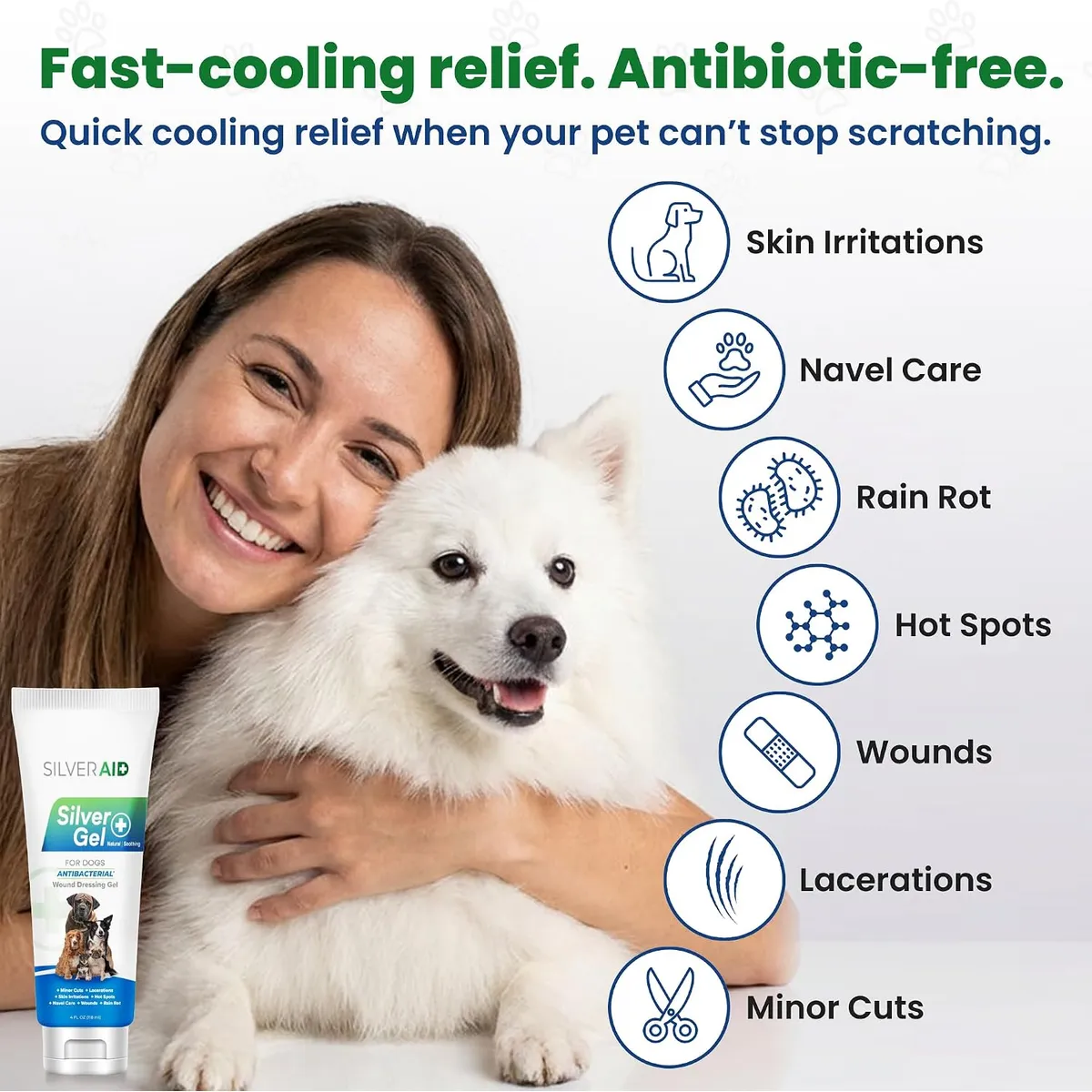 Smiling woman hugging a fluffy white dog beside icons listing skin irritations, hot spots, wounds and minor cuts