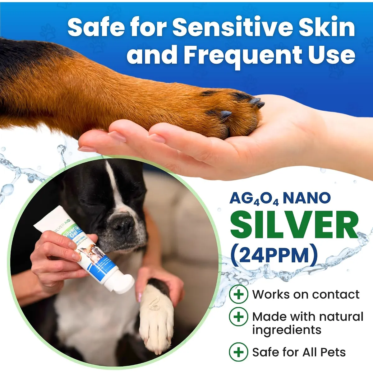 Brown dog paw resting in a person's open hand, with an Ag4O4 nano silver 24ppm callout
