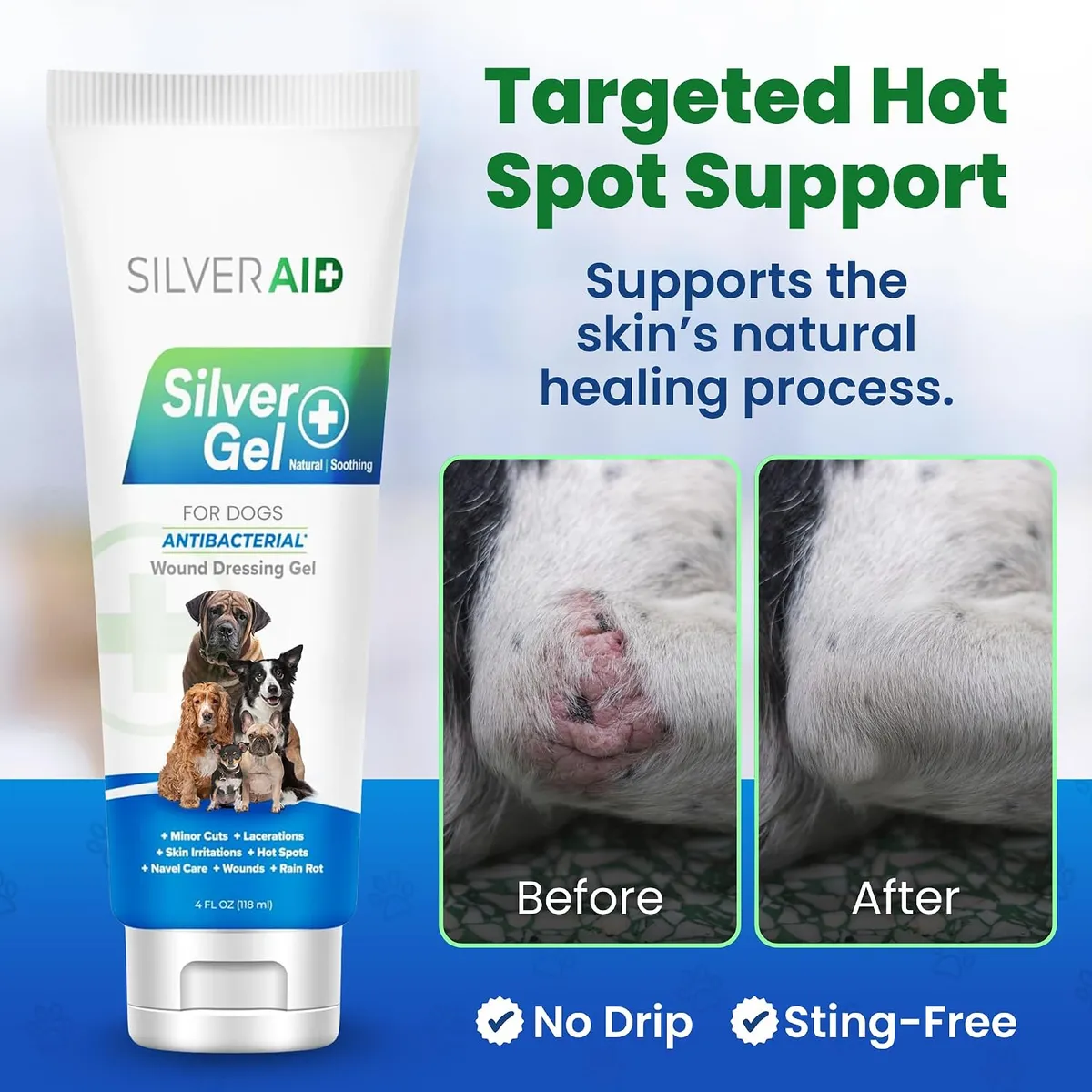 SilverAid Silver Gel tube next to before and after photos of a hot spot healing on a white dog's leg
