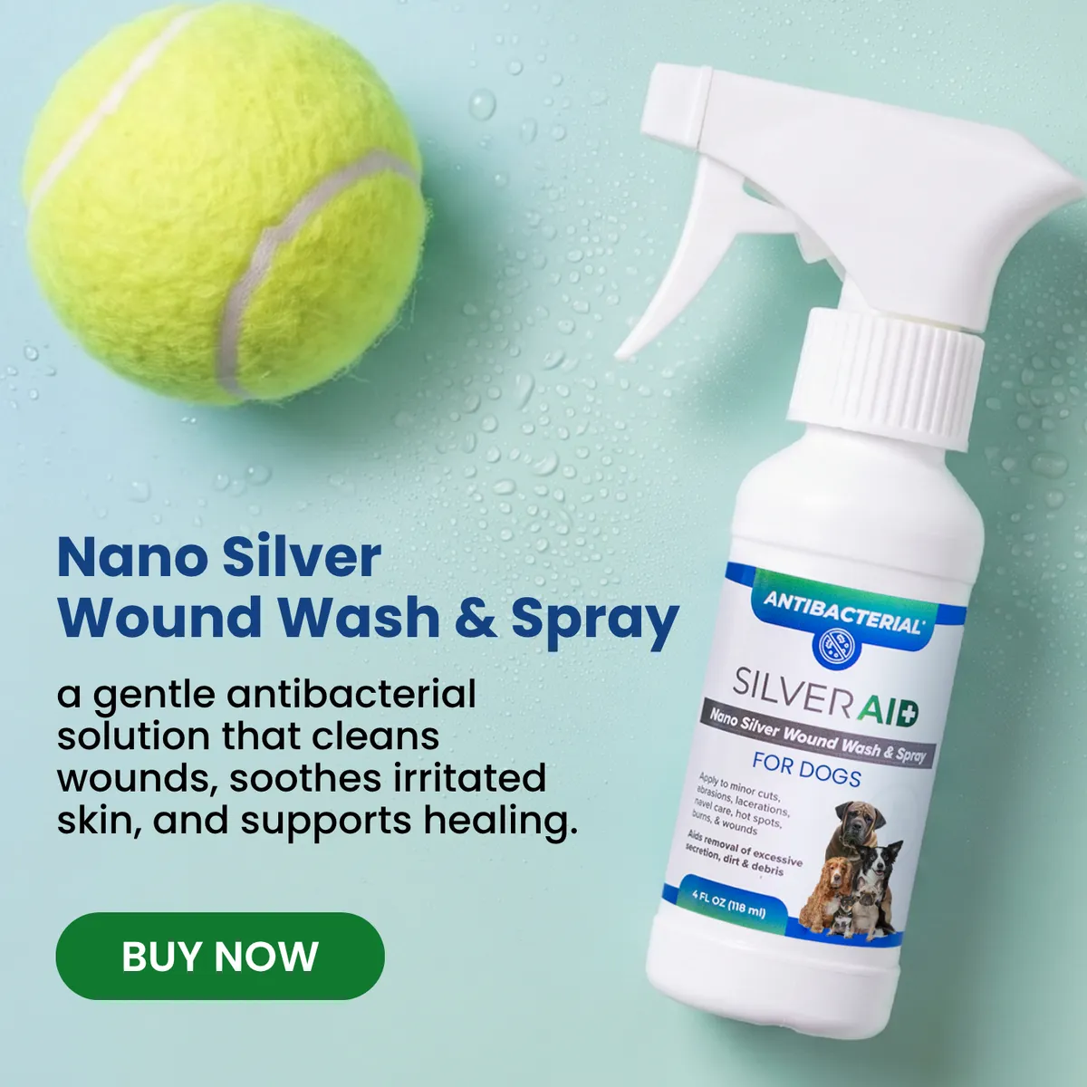 SilverAid Nano Silver Wound Wash spray bottle lying on a wet mint surface beside a yellow tennis ball