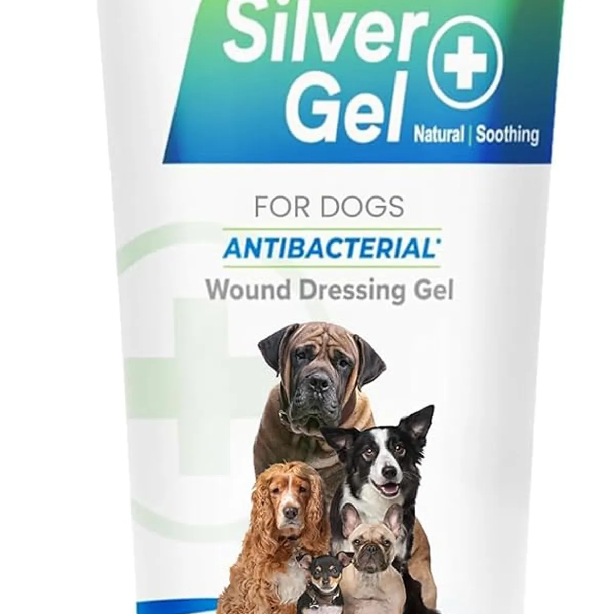 White SilverAid Silver Gel tube with a blue five-dog label reading Antibacterial Wound Dressing Gel and a Made in USA badge