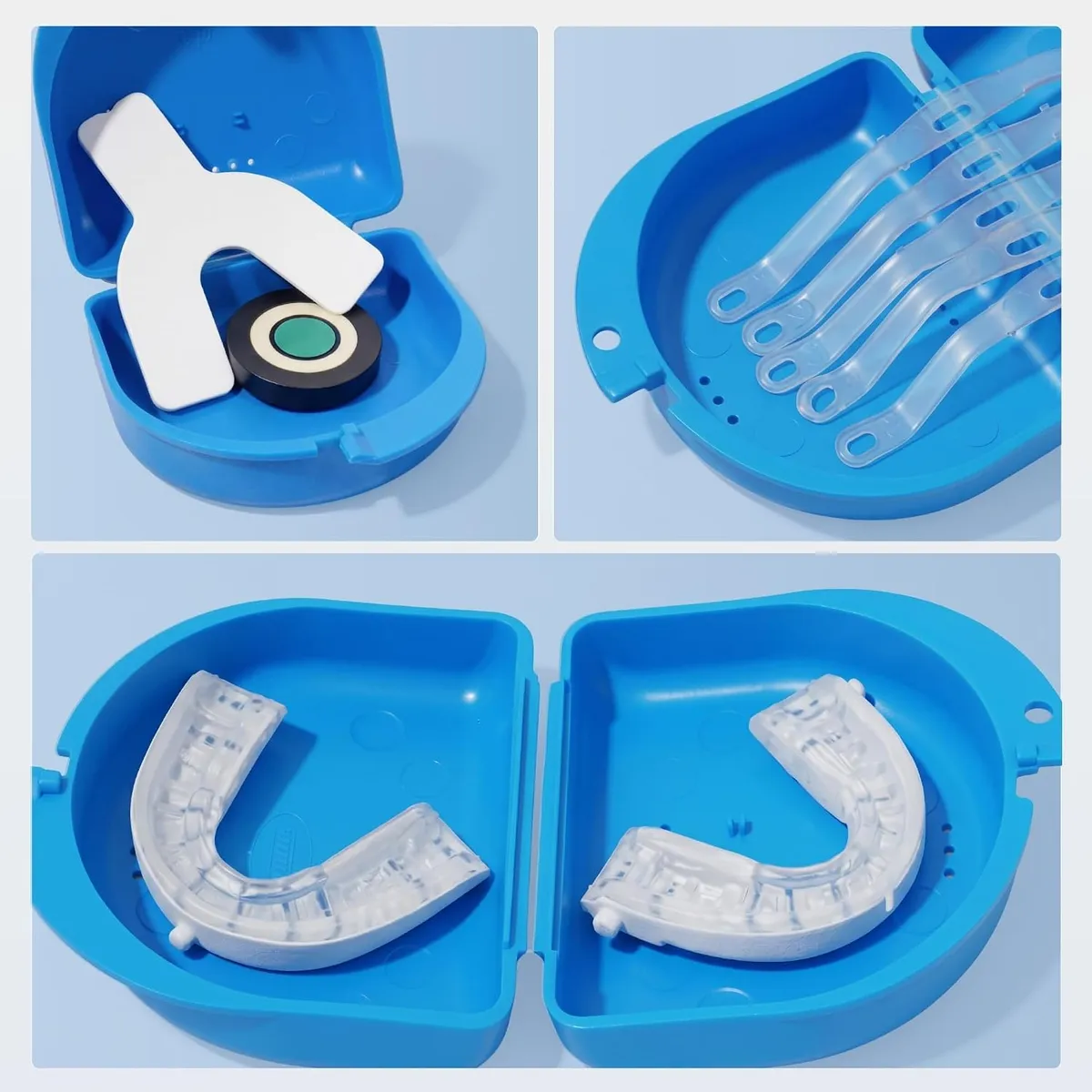Somnofit-S mouthguard, cleaning tablet and numbered advancement straps laid out in the open blue travel case