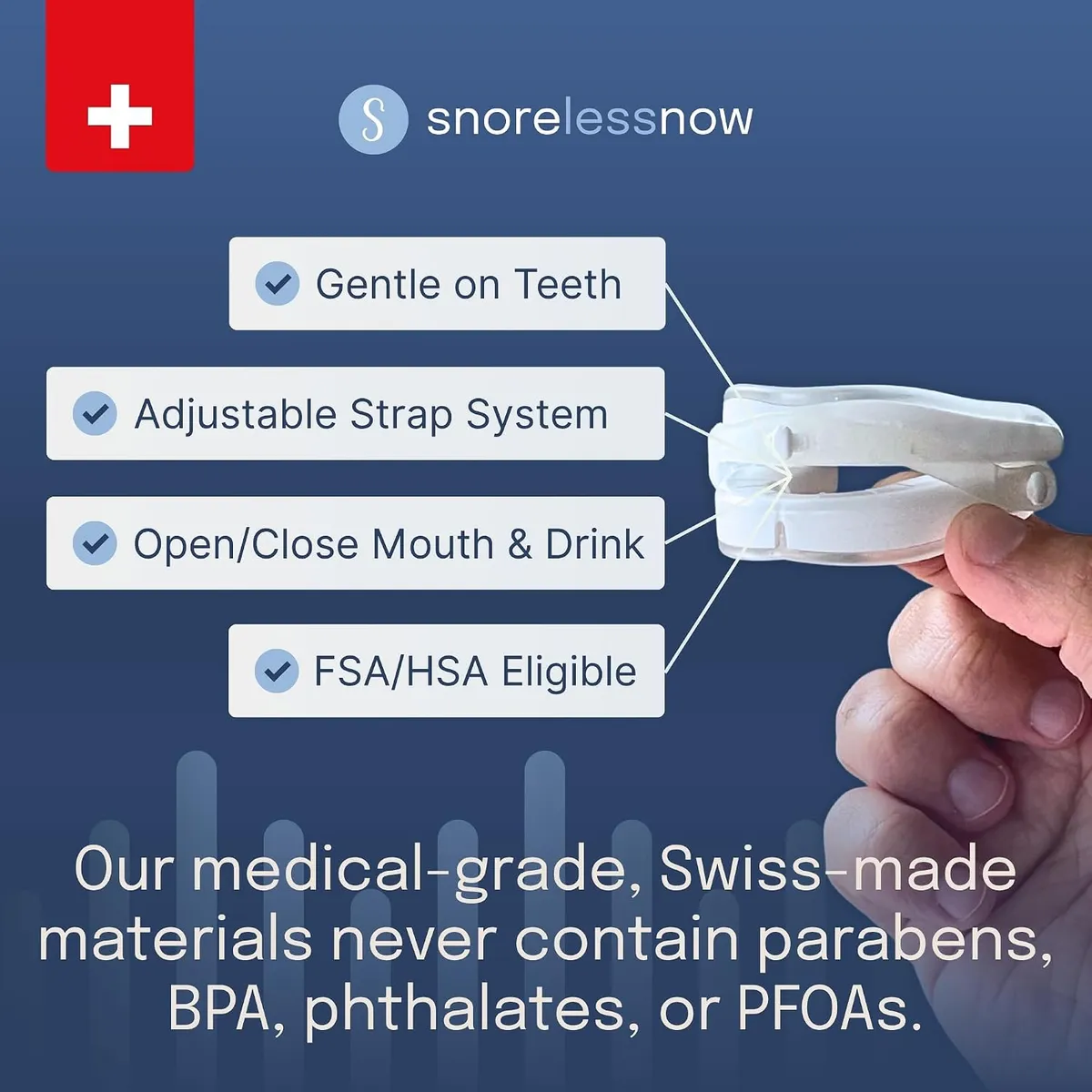 Feature card pointing at the Somnofit-S guard held between two fingers: gentle on teeth, adjustable strap system, open and close your mouth and drink, FSA/HSA eligible