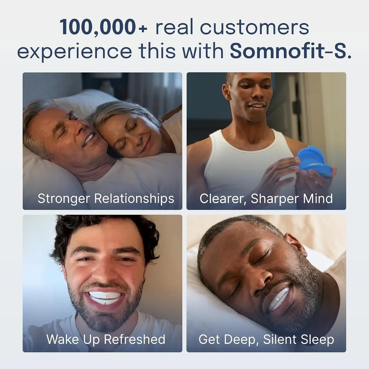 Four customer photos wearing the guard, captioned stronger relationships, clearer sharper mind, wake up refreshed, and deep silent sleep