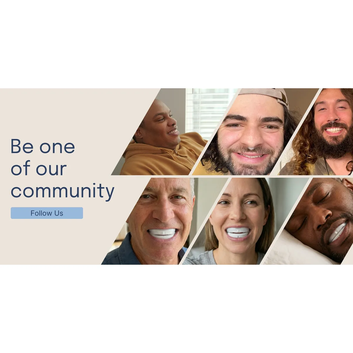 Store banner inviting customers to the SnoreLessNow community, with six customer selfies wearing the guard