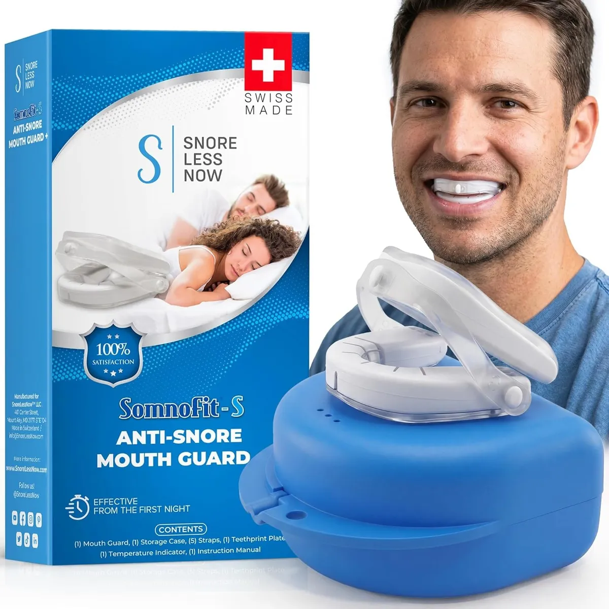 SnoreLessNow SomnoFit-S listing image showing the Swiss-made retail box, the mouthguard on its blue storage case, and the guard worn