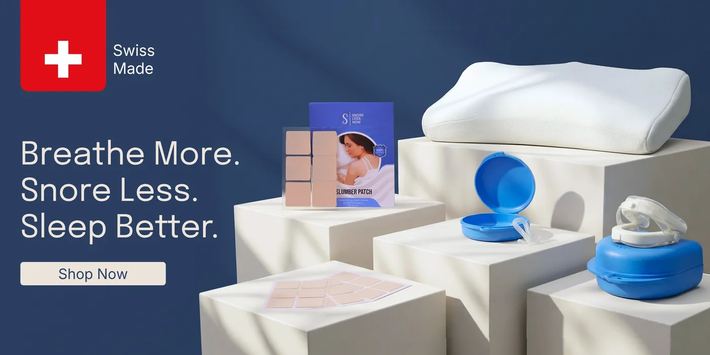 SnoreLessNow storefront banner — Breathe More. Snore Less. Sleep Better. — with the sleep range on cream plinths and the Swiss Made badge