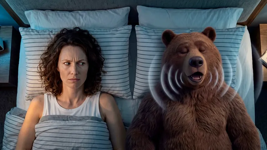 A woman lies awake in bed beside a snoring brown bear, sound waves rippling from its open mouth
