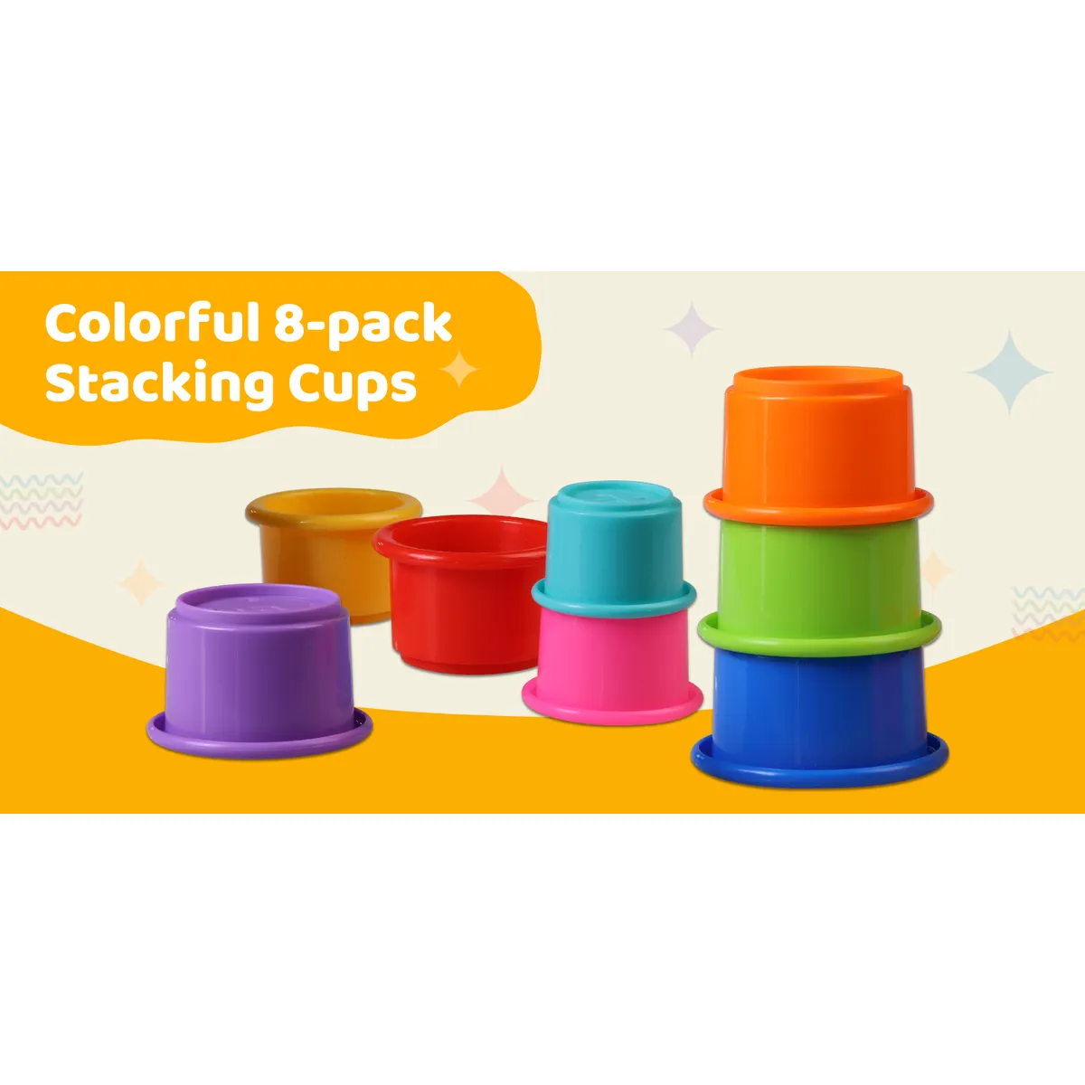 Store banner with eight brightly colored cups arranged in three small stacks on an orange and cream background