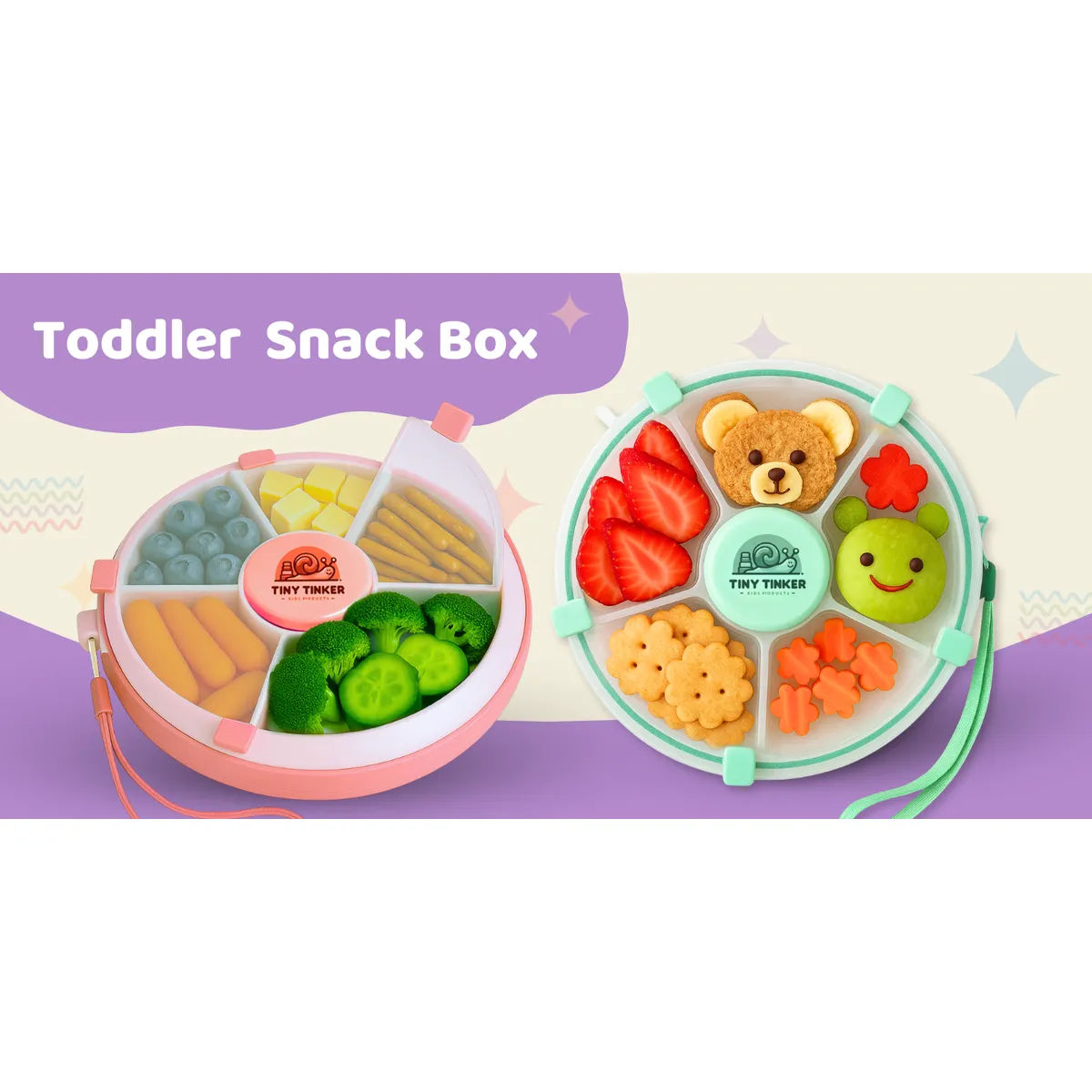 Store banner with two round five-compartment snack boxes in pink and mint, filled with fruit, vegetables and crackers