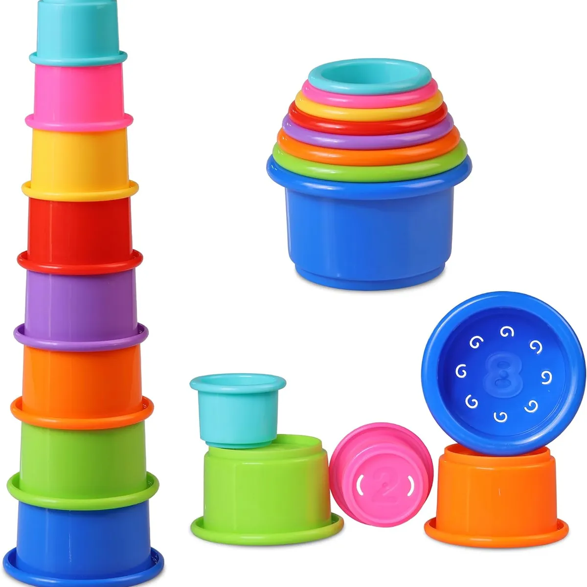 Eight rainbow-colored stacking cups shown as a tall tower, a nested stack and small stacks revealing numbered bases