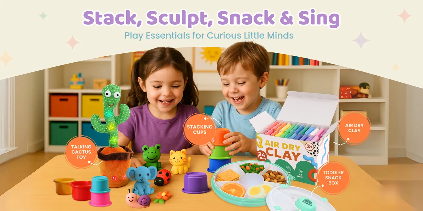 Tiny Tinker store banner with two smiling children at a table with a talking cactus plush, stacking cups, clay animals and a snack box
