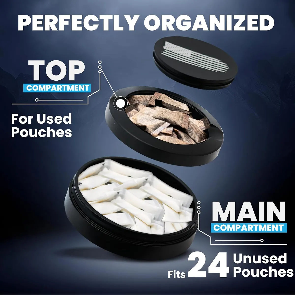 Exploded view of the black two-tier metal can: engraved lid lifted above a used-pouch compartment and the main pouch compartment below