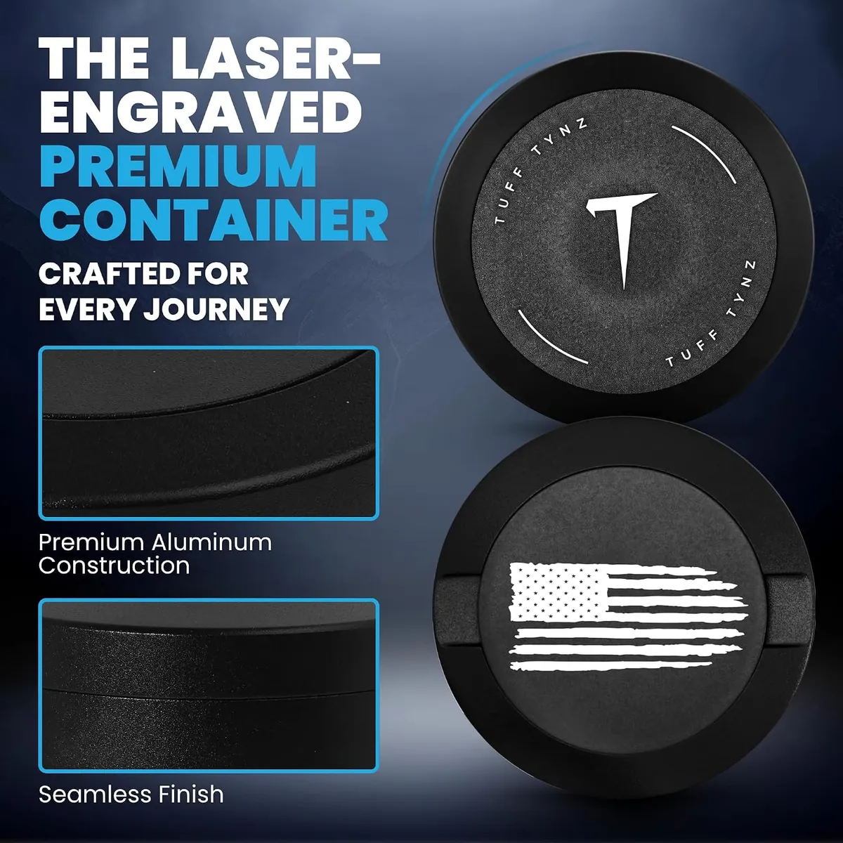 Close-up of a black can lid laser-engraved with the TuffTynz T logo, with detail insets of the aluminum edge