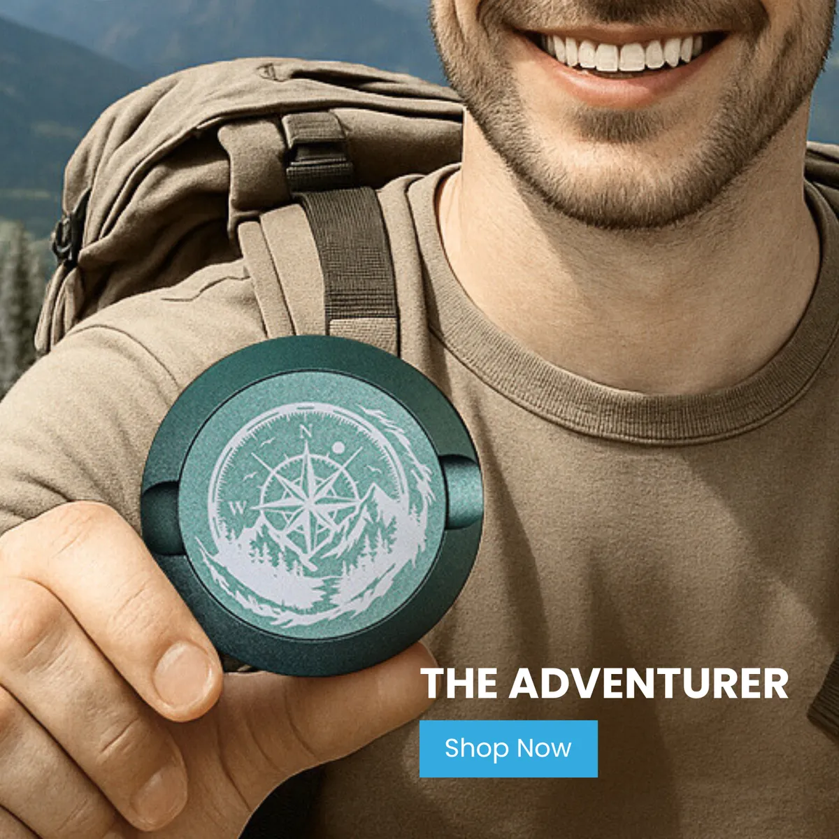 Smiling hiker with a backpack holding up a dark green metal can engraved with a compass rose and mountain scene