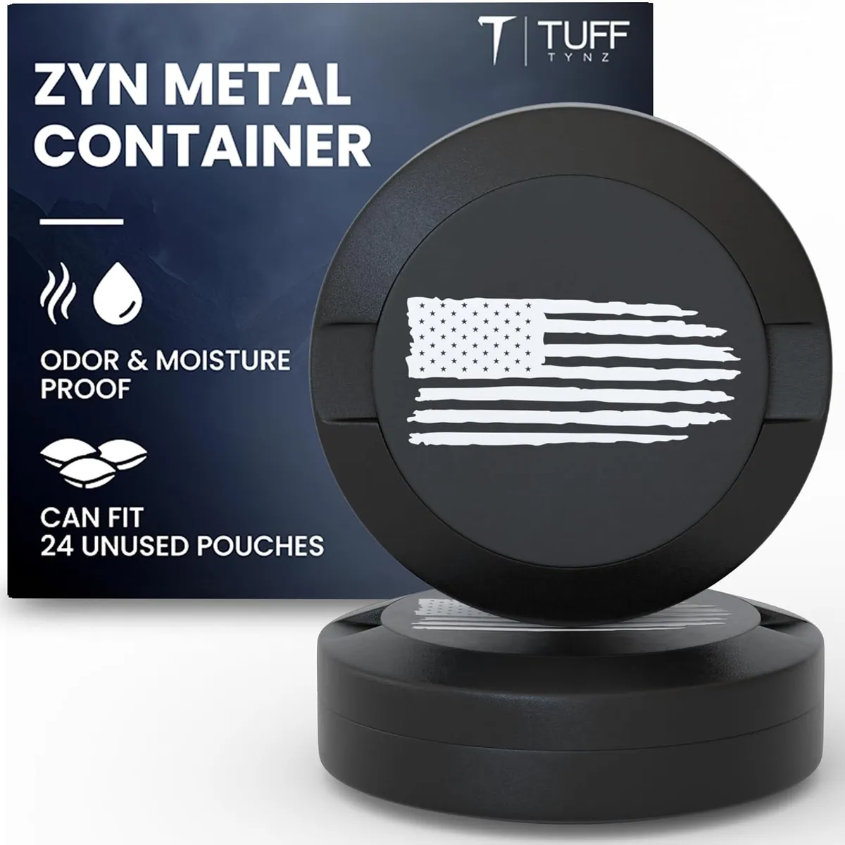 Black round metal pouch can with a laser-engraved American flag on the lid, beside its dark blue retail box