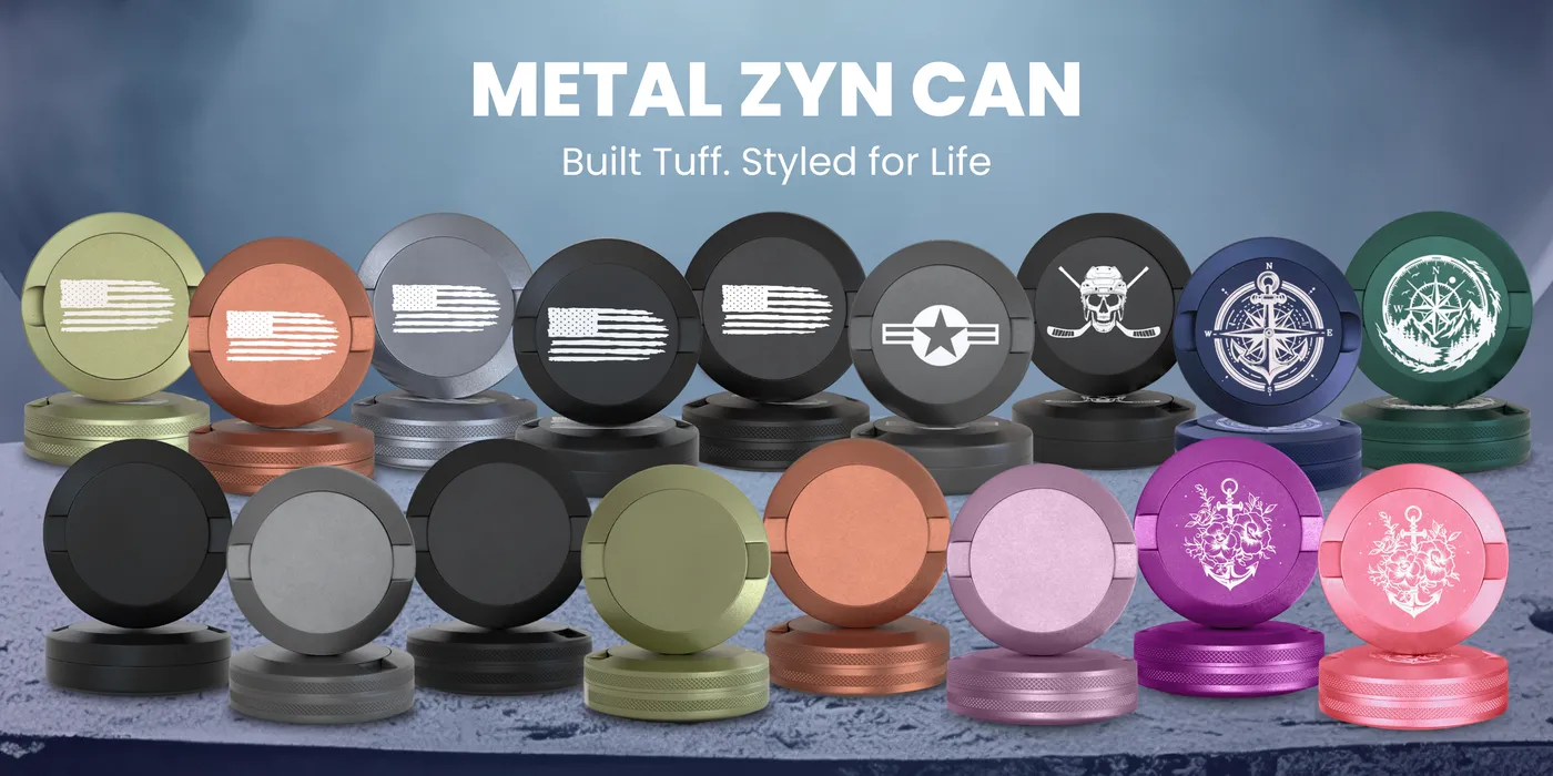 Two rows of metal pouch cans in many finishes with flag, star, hockey-skull and compass engravings