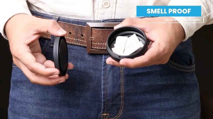 An opened TuffTynz can with pouches inside, held beside its lid