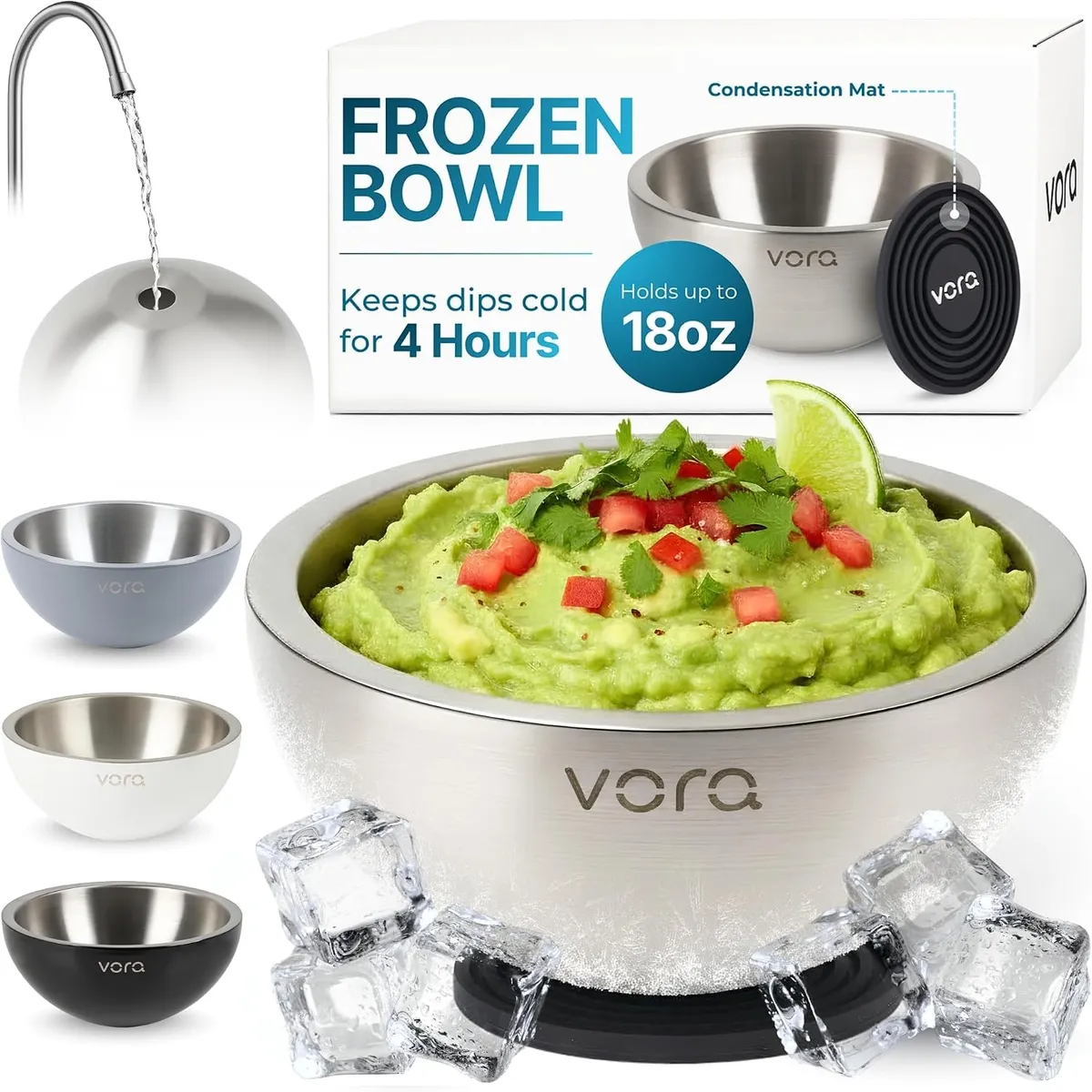Vora 18oz stainless steel frozen dip bowl filled with guacamole, with the retail box, condensation mat and ice-chamber inset