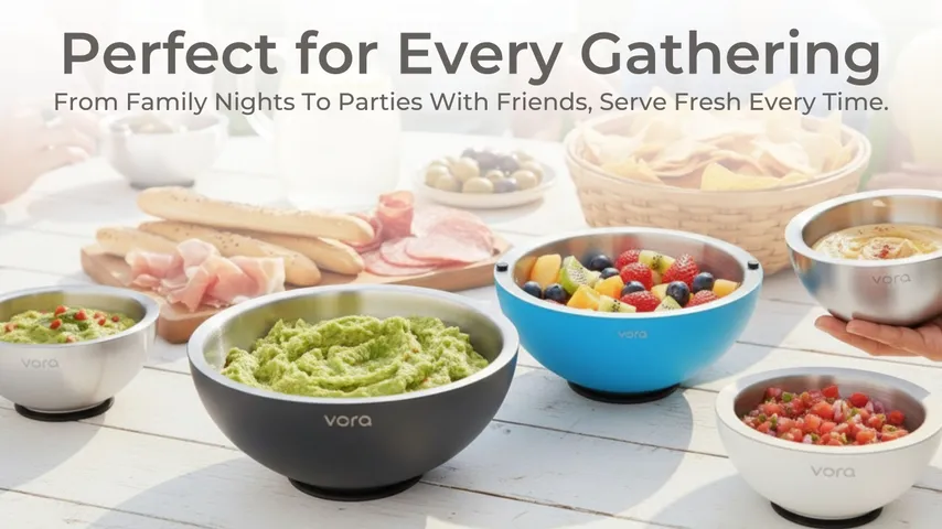 Five Vora bowls of dips, fruit and salsa on a party table