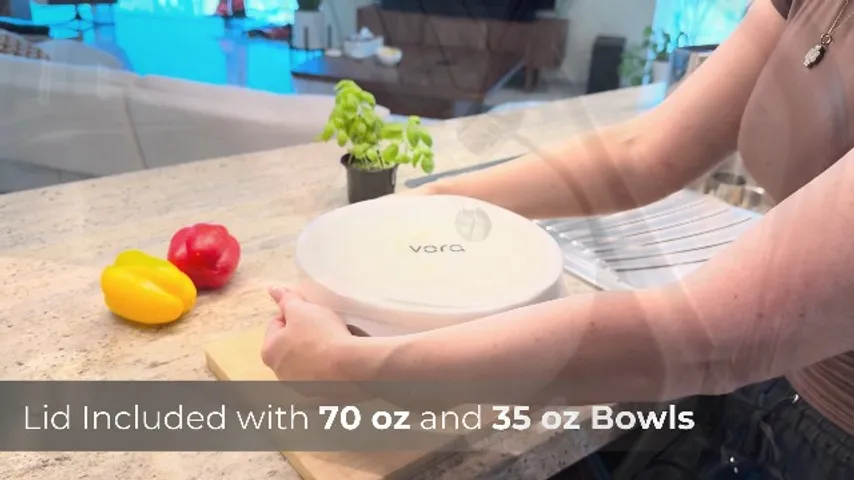 A lidded Vora bowl on a kitchen counter — the lid ships with the 70 oz and 35 oz bowls