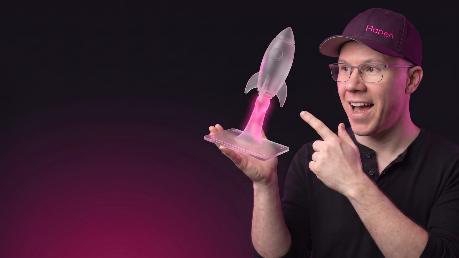 Flapen founder pointing at a glowing glass rocket lifting off — Amazon FBA launch service