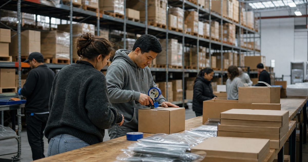 Flapen cover for Global Amazon PPC tools compared: a Flapen operator demonstrating a tape gun to a visiting seller at the packing bench