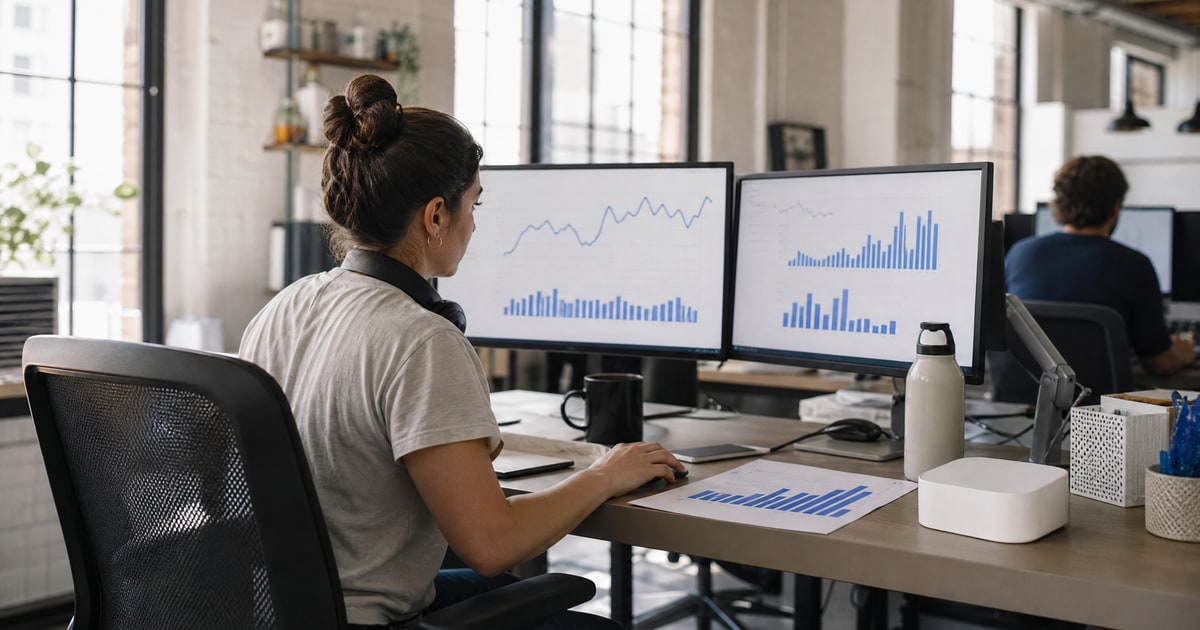 Flapen cover for Affordable Amazon brand management for startups: a Flapen operator between two monitors of charts with a printed report