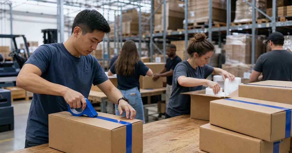 Flapen cover for Amazon TikTok Shop and the Cost of a Second Storefront: packing an overseas shipment at a warehouse bench
