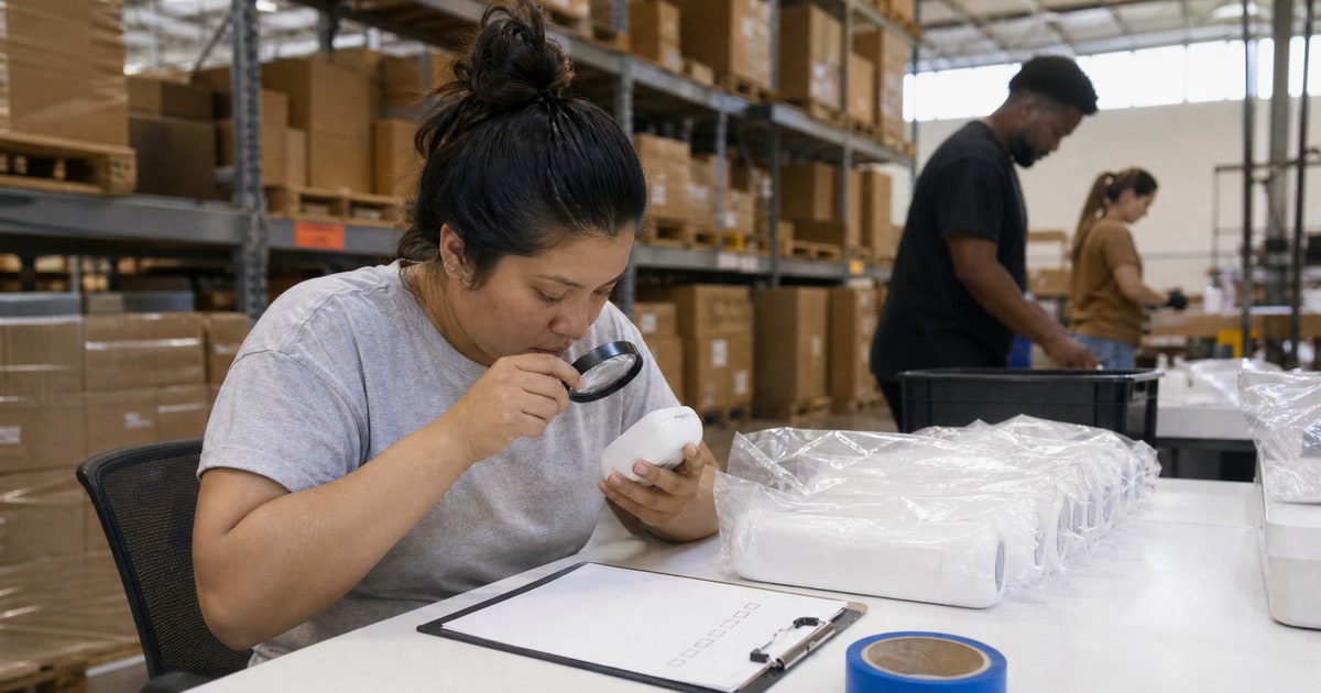 Flapen cover for Amazon account measurement and audits: the complete guide: inspecting a unit with a magnifying glass at a warehouse QC bench