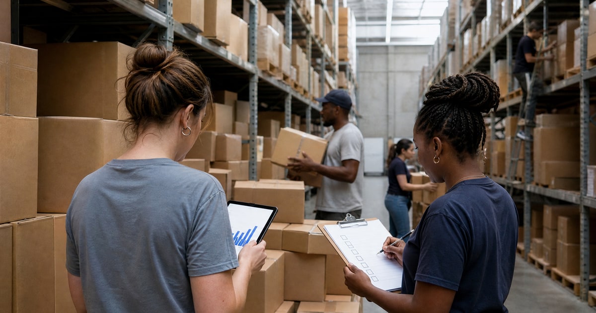 Flapen cover for Full-service Amazon PPC and listing optimization: Flapen operators counting cartons in a warehouse aisle with a tablet and clipboard