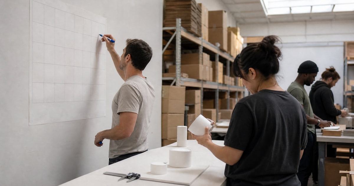 Flapen cover for Amazon Seller Register and the Arithmetic Before You Open One: a Flapen operator marking milestones on a blank wall calendar at a sample table