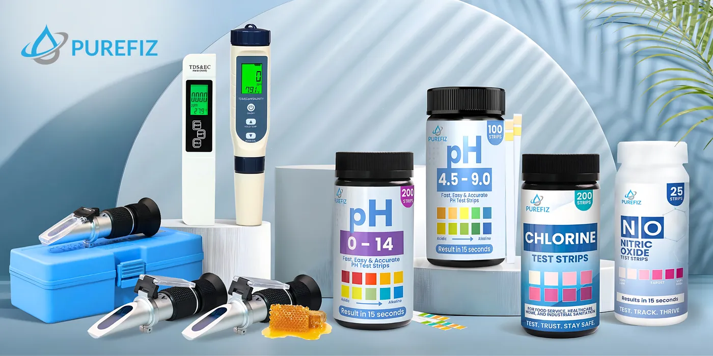 Purefiz brand banner on a blue studio backdrop with the full product line-up of refractometers, pen meters and test strips